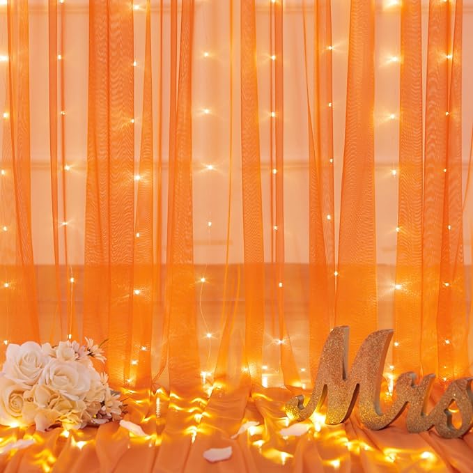 Orange Tulle Backdrop Curtain with Lights String for Parites 10x8ft Sheer Backdrop Curtains Drapes for Birthday Party Baby Shower Wedding Ceremony Prom Halloween Photo Booth Background Decorations
