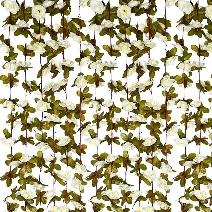8Pcs 63Ft Cream Rose Garland, Fake Rose Hanging Flowers, Artificial Flower Vine, Hanging Floral Vine Garland for Wedding, Birthday Party, Wall Arch, Halloween, Christmas Garden Backdrop Decor