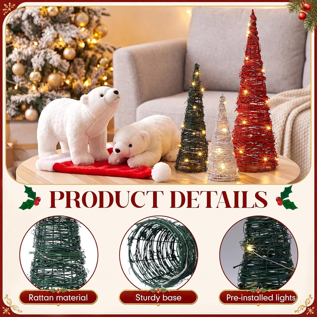 jenaai 3 pcs lighted christmas rattan table tree, close-up detail