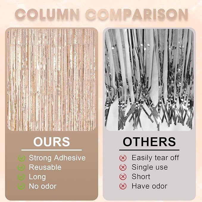 2 Pack Laser Champagne Foil Fringe Backdrop Curtains, Tinsel Streamers Birthday Party Decorations, Fringe Backdrop for Graduation, Baby Shower, Gender Reveal, Disco Party