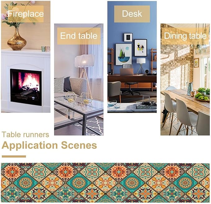 Bohemian Patchwork Table Runnerboho Colorful Tile Patchwork Indian Floral Print Table Runner for Home Kitchen Indoor Outdoor Party Wedding Decor, 13x90inch
