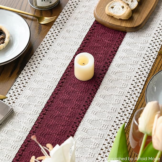 Artoid Mode Red Farmhouse Rustic Table Runner, Seasonal Holiday Hollow Kitchen Dining Table Decoration for Home Party Decor 12x60 Inch
