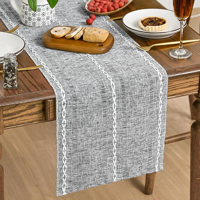 Artoid Mode Dark Grey Rustic Cotton Linen Table Runner, Seasonal Embroidered Hollow Kitchen Dining Table Decoration for Home Party Decor 13x72 Inch