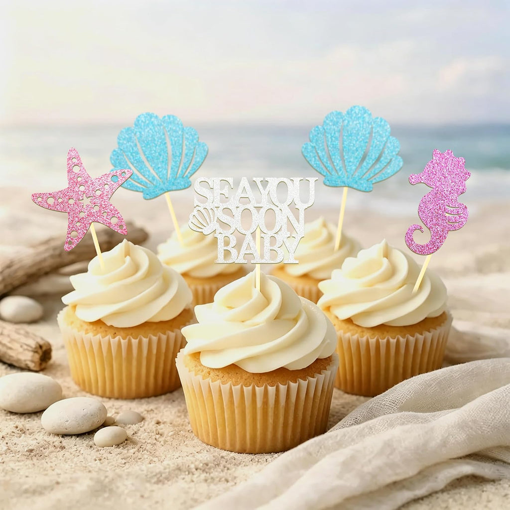 24 Pcs Sea You Soon Baby Cupcake Toppers, Under The Sea Party Decoration | Under the Sea Party Cake Decoration for Mermaid Theme Birthday Parties & Baby Showers