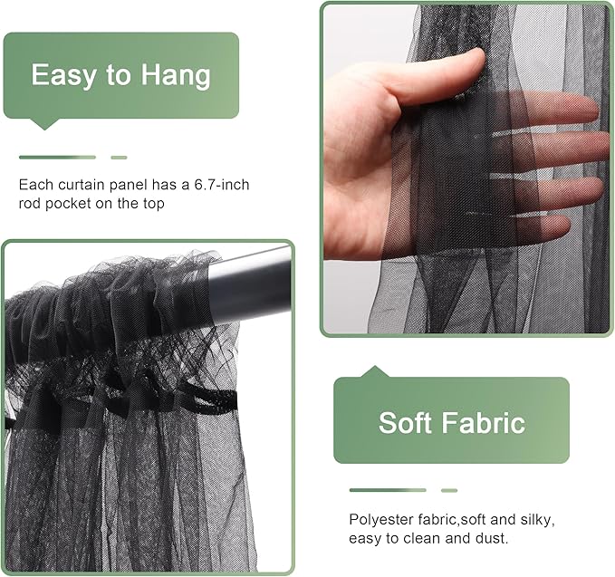 Tulle Backdrop Curtain with Lights String 10FT X 10FT Black Sheer Tulle Backdrop Curtains for Wedding Birthday Party Reception Photo Booth Background Decorations (2 Panels 5x10FT)
