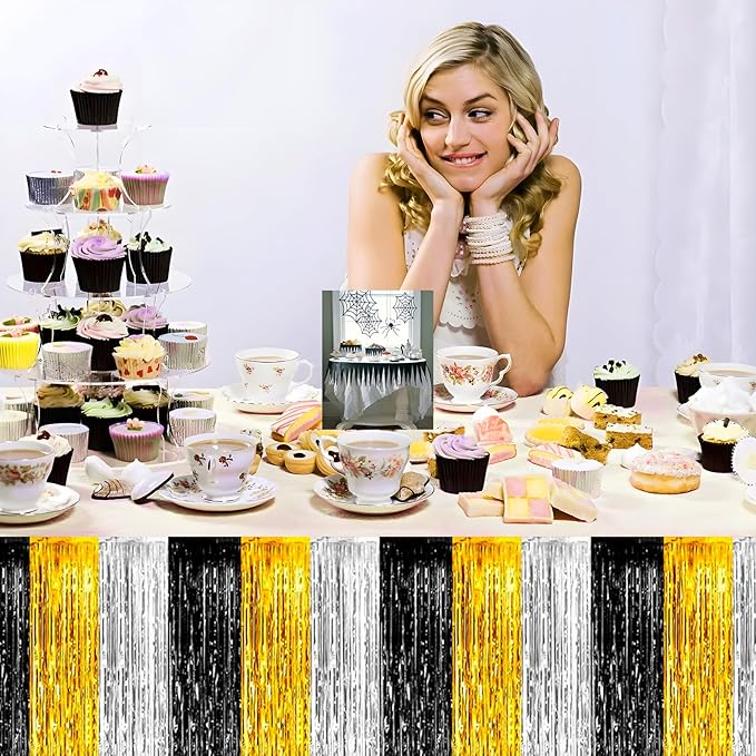 3 Pack 29 x108 Inch Black Gold Silver Foil Fringe Table Skirts Metallic Banner for Tinsel Streamer Garland Backdrop for Parade Floats Wedding Thanksgiving Birthday Christmas Halloween Party Decoration