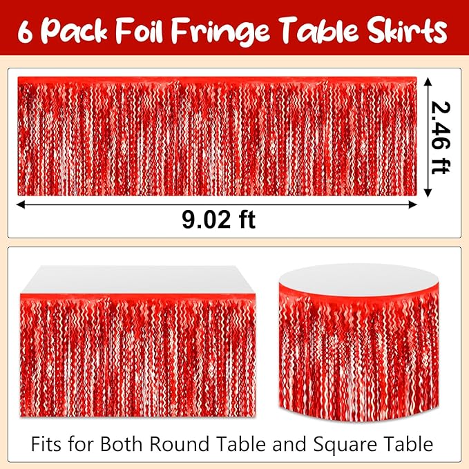 6 Pack 29 x108 Inch Red Wave Foil Fringe Table Skirts Metallic Banner for Tinsel Streamer Garland Backdrop for Parade Floats, Mother's Day, Easter, Wedding, Birthday Party Decoration