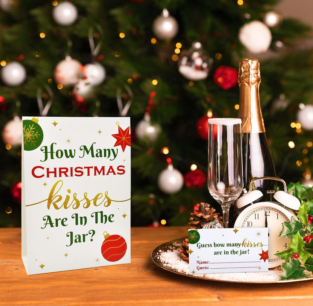 Christmas Party How Many Kisses Standing Sign 40 Guessing Cards Set | Holiday Wedding Bridal Baby Shower Raffle Party Activity Decor by Gift Boutique