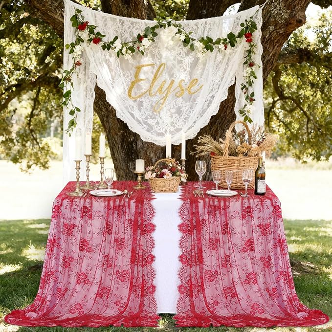 LuoluoHouse Red Tablecloth Christmas Lace Table Fabric 2pcs 60x120 Inch for Birthday Rustic Wedding Bridal Shower Party Decoration Rectangle Overlay Vintage Embroidered Reception Table Cloth Decor