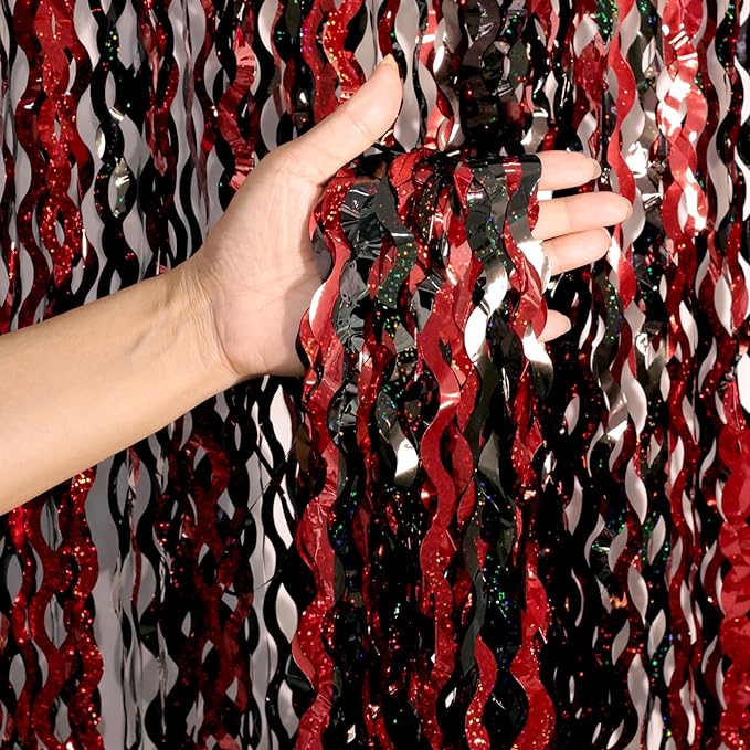 4 Pack 3.3x6.6 ft Red and Black Foil Fringe Backdrop Curtains - Wavy Tinsel Streamers Birthday Birthay Decorations, Fringe Backdrop for Graduation, Xmas, Disco Party