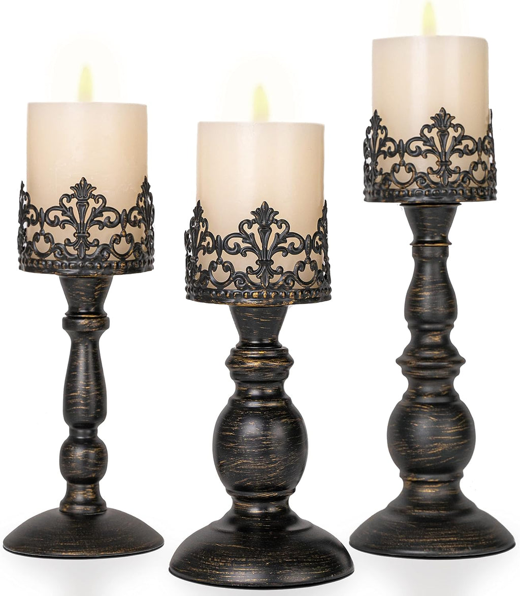 BANOMII Distressed Black Candle Holders for Pillar Candles Set of 3, Vintage Crown Candle Stands for Table Centerpiece Decor, Tall Antique Metal Candle Holder Set for Fireplace Decoration, Ideal Gift