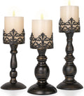 BANOMII Distressed Black Candle Holders for Pillar Candles Set of 3, Vintage Crown Candle Stands for Table Centerpiece Decor, Tall Antique Metal Candle Holder Set for Fireplace Decoration, Ideal Gift