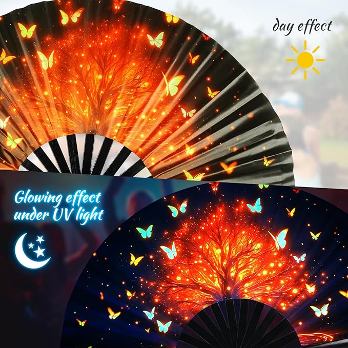SYNTECSO Folding Hand Fan for Rave, Popping Fan for Line Dancing, Drag Queen, Women and Men Gift，Chinese Japanese UV Glow Clack Fan for Parties, Music Festivals, EDM and Decoration