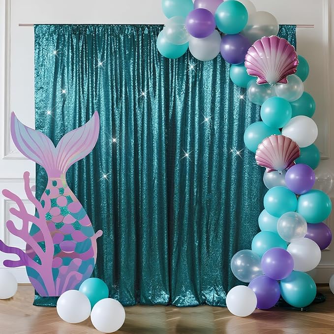 SquarePie Sequin Backdrop Less Transparent Background Sparkly Curtain for Wedding Party 6FT x 8FT Teal