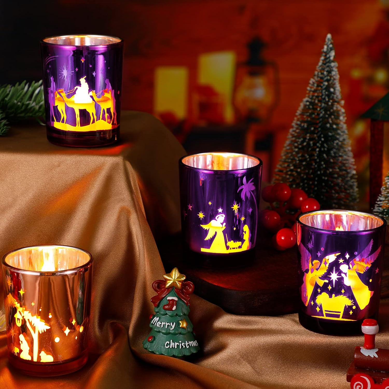 4 Pcs Christmas Advent Candle Holder Nativity Scene Candle Holder Glass Purple and Pink Tealight Candle Holders for Holiday Xmas Wedding Church Home Decor, 4 Styles