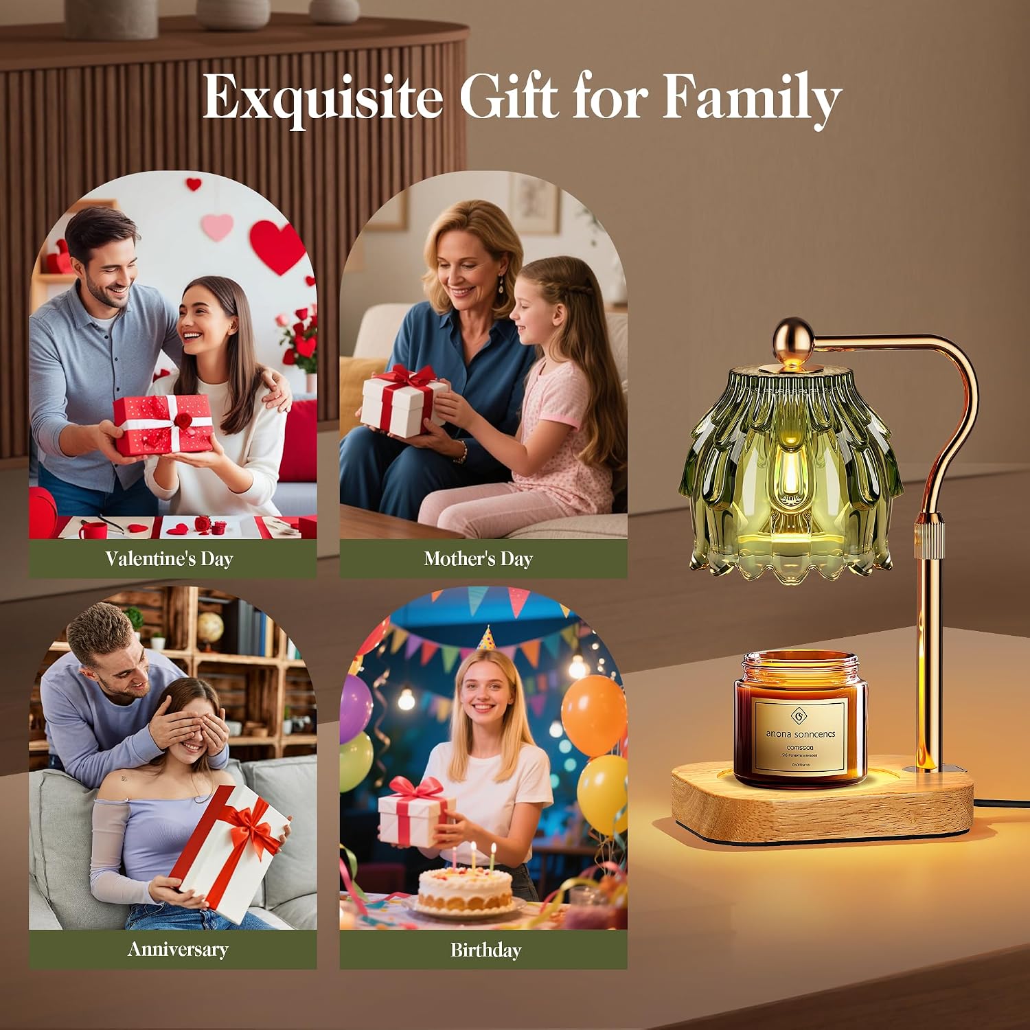 Candle Warmer Lamp with Timer Dimmer, Modern Wax Warmer for Scented Wax Jar Candle Warmer with 2 Bulbs, Adjustable Height Glass Lamp for Gifts for Women, Home Decor, Gold Green
