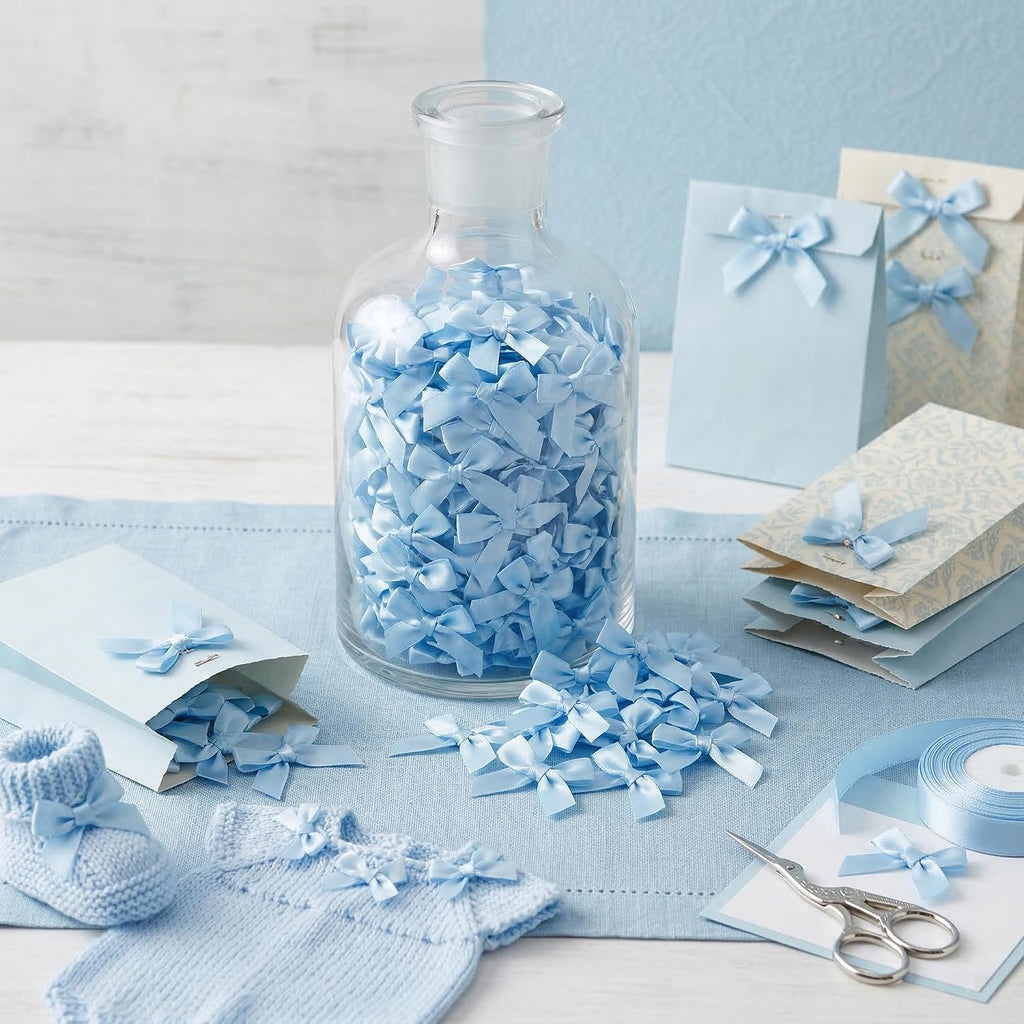 100PCS Mini Blue Bows Decoration, Tiny Satin Ribbon Ornaments for DIY, Crafts, Favors, Fit for Party, Birthday, Baby Shower, Christmas, Wedding, Boy's Party, Easter