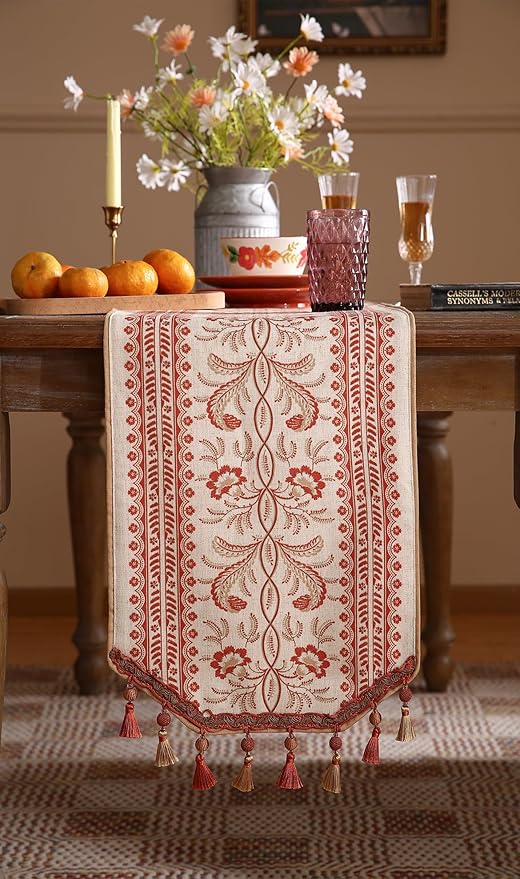 ISAENNE Designer Vintage Linen Table Runner 87 Inches Long,Red Floral Pattern Modern Decor Table Runners for Dining Tables,Thanksgiving,Kitchen Tables,Christmas,Banquet,12"*87"-Chamonix A