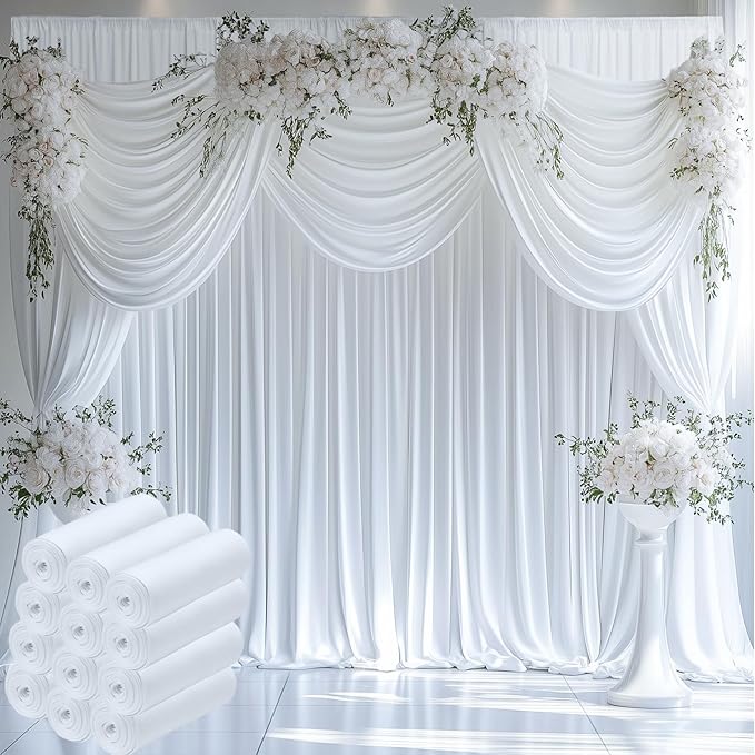 60ftx12ft Wrinkle Free White Backdrop Curtain, 12 Panels 12FT Height White Wedding Backdrop Drapes, Silky Polyester Back Drop Cloth for Birthday Photography Background Party Backdrop Draping