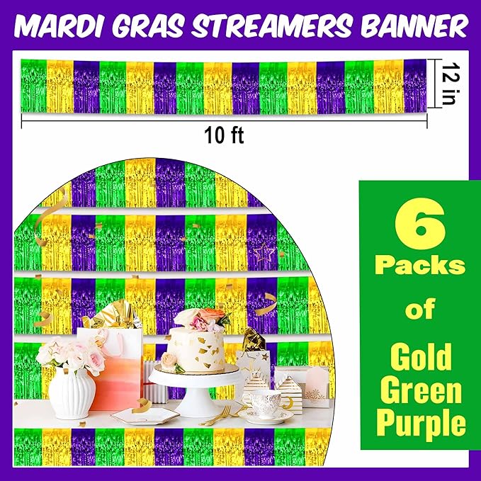 6 Pack 10 Ft Gold Green Purple Foil Fringe Garland Metallic Streamers Tinsel Banner Wall Hanging Garland Backdrop for Parade Floats, Halloween, Christmas, Thanksgiving, New Year Party Decorations
