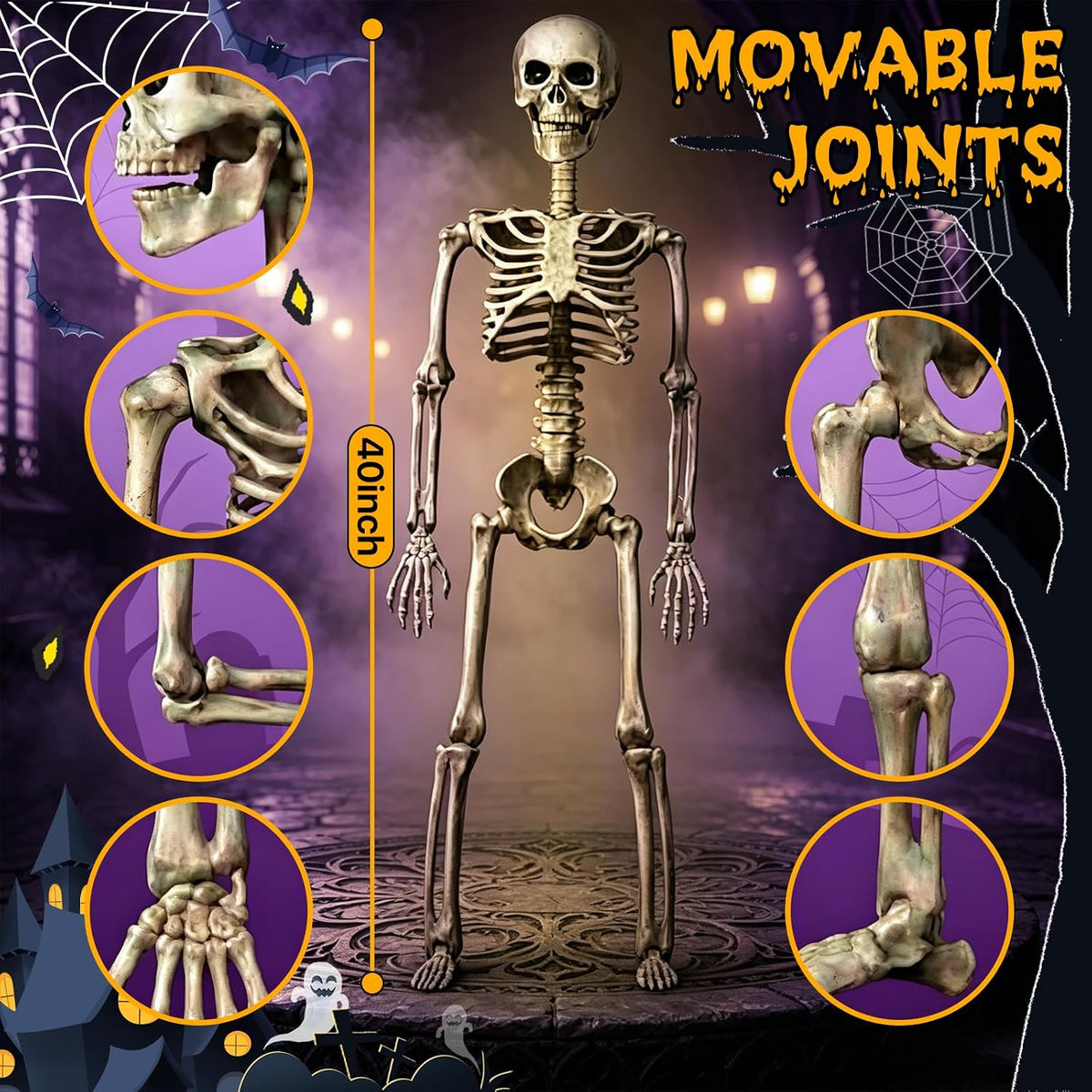 40" pose-n-stay halloween skeletons, life-size full body realistic, close-up detail