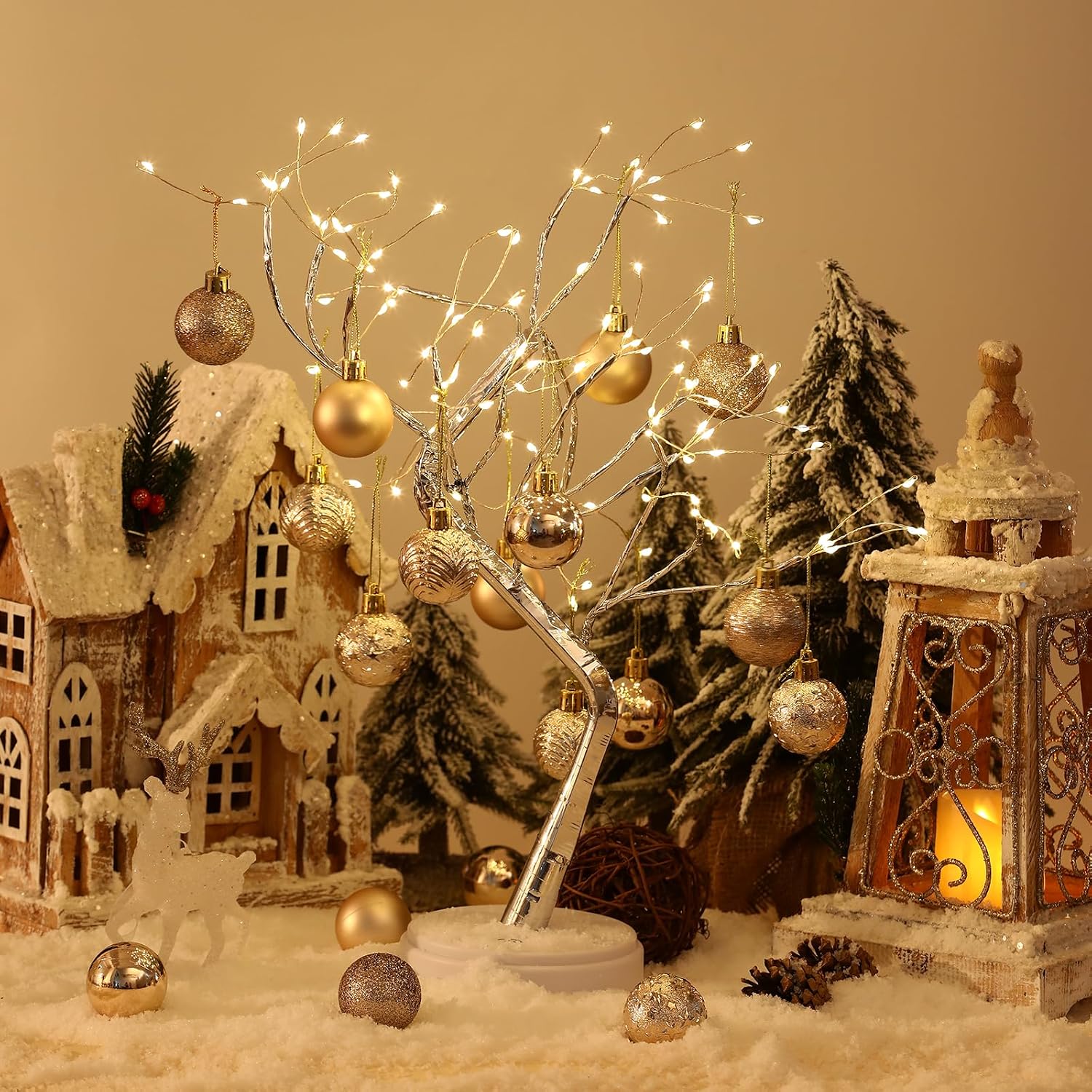 34ct Champagne Mini Christmas Ball Ornaments Shatterproof Plastic Christmas Tree Decorations for Xmas Party Home Office Holiday Decor -Small Size (1.57"/ 40mm)