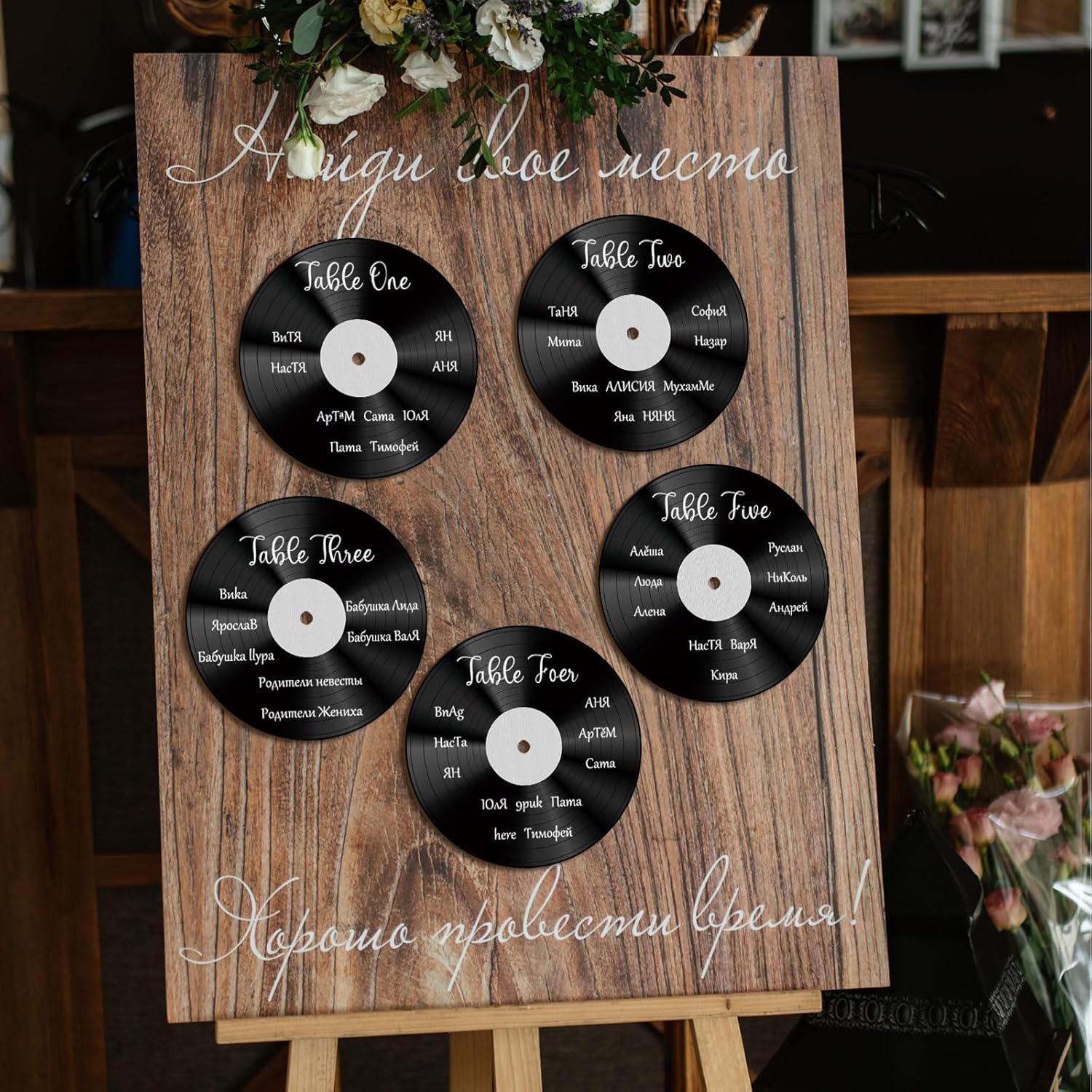 Novabright 20 Pcs Vinyl Record Wood Wedding Table Numbers with Easel Stand Retro Music Wedding Party Decorations for Reception DIY Doodle Fake Records Table Signs with 3 Markers for Souvenir Gifts