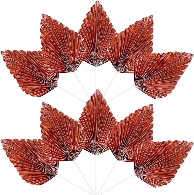 Ephlyn 6Pcs Paper Palm Leaves Fan Cake Toppers Palm Leaf Fan Cake Picks Craft DIY Fan Palm Spear Leaves Cake Decorations for Wedding Birthday Party Supplies Bright Rose Gold