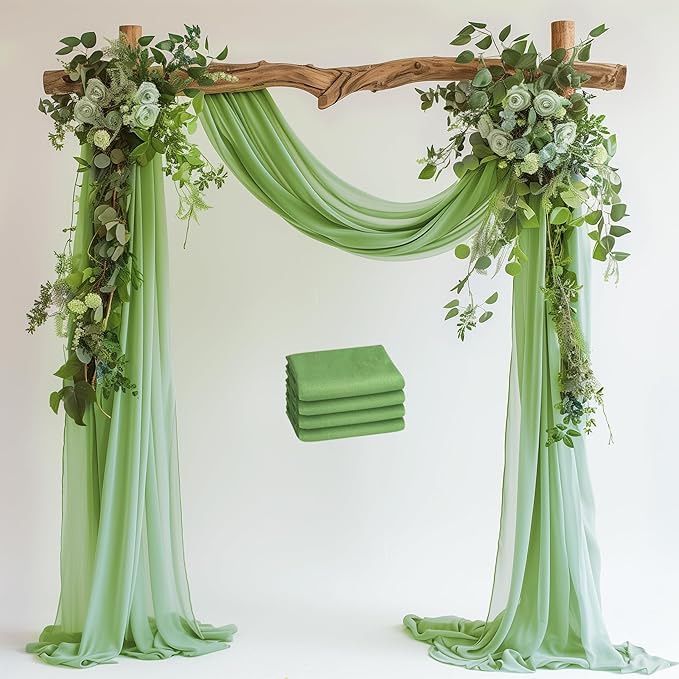 Wedding Arch Draping Fabric 4 Panels 28.7" x 20FT Sage Green Sheer Chiffon Backdrop Drapes for Wedding Ceremony Birthday Party Bridal Shower Outdoor Decoration