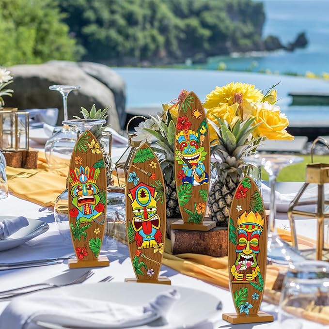 Blulu 4 Pcs Surfboard Decorations for Party Surfboard Beach Signs Welcome to Paradise Sign Tropical Bar Table Centerpieces Endless Summer Wood Decor Flip Flop Letters for Home Decor(Tiki Style)