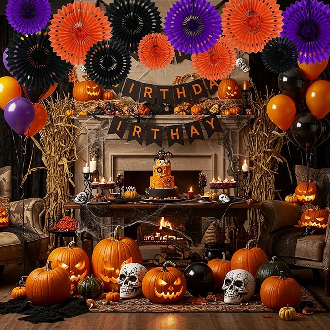 BEISHIDA Black Orange Purple Hanging Honeycomb Round Paper Fans Decoration Set for New Year Baby Shower Halloween Birthday Wedding Photo Booth Backdrops Anniversary Paper Party Supplies 11packs