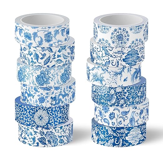 Whaline 12 Rolls Blue Floral Washi Tape Chinoiserie Flower Washi Tape Vintage Masking Decorative Gift Wrapping Paper Tape for DIY Craft Scrapbook Envelope Party Favor Supplies