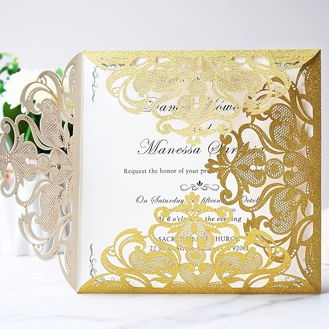 Hosmsua 6.3 x 6.3 Inch 50PCS Gold Glitter Laser Cut Wedding invitation Cards with Envelopes Hollow Lace Rose Invitation for Engagement Wedding Bridal Shower Invite (Gold Glitter)