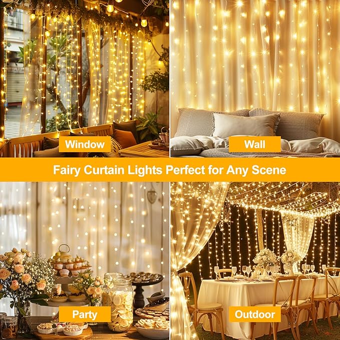 Fairy Curtain Lights Upgraded Tangle-Free Warm White USB Plug in 8 Modes String Hanging Lights with Remote for Christmas, Bedroom, Indoor, Outdoor, Weddings, Party (6.6FTx10FT)