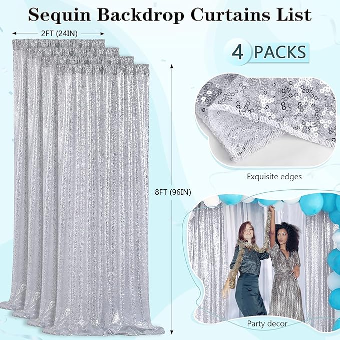 2FTx8FT Silver Glitter Sequin Curtain for Party Photography Backgrounds Wedding Backdrops Set of 4 Panels