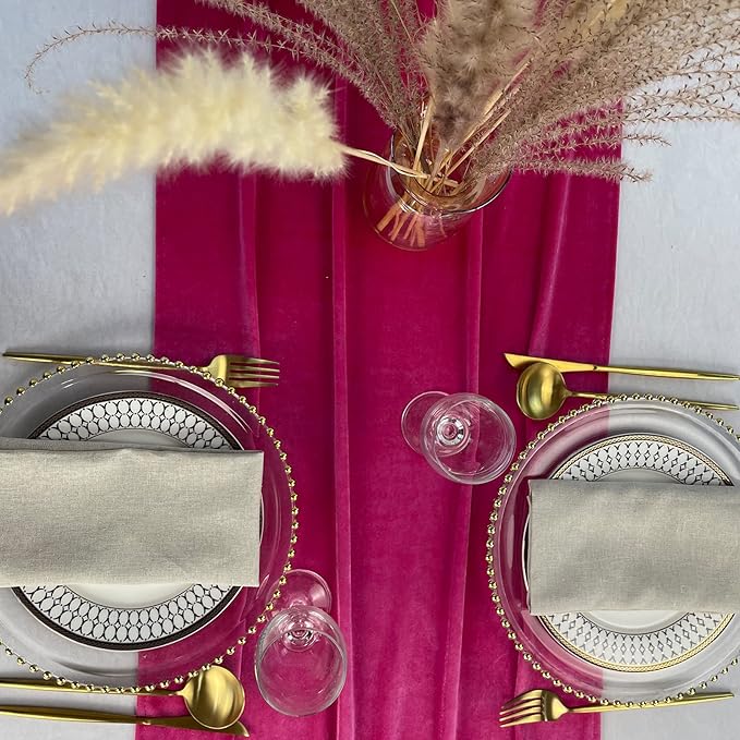 Velvet Table Runner, 10ft Luxurious Wedding Reception Decorations Soft Velvet Fabric Table Linen Overlay for Party (20 x 120 inch, Hot Pink)