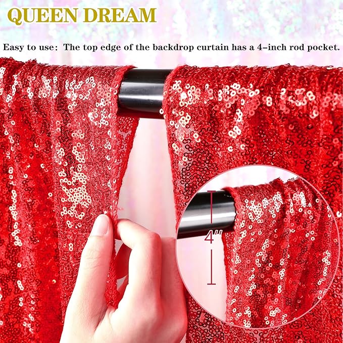 Red Curtains Birthday Sequin Backdrop, 3 Pack 2ft x 8ft Party Photography Background Drapes Christmas Decorations