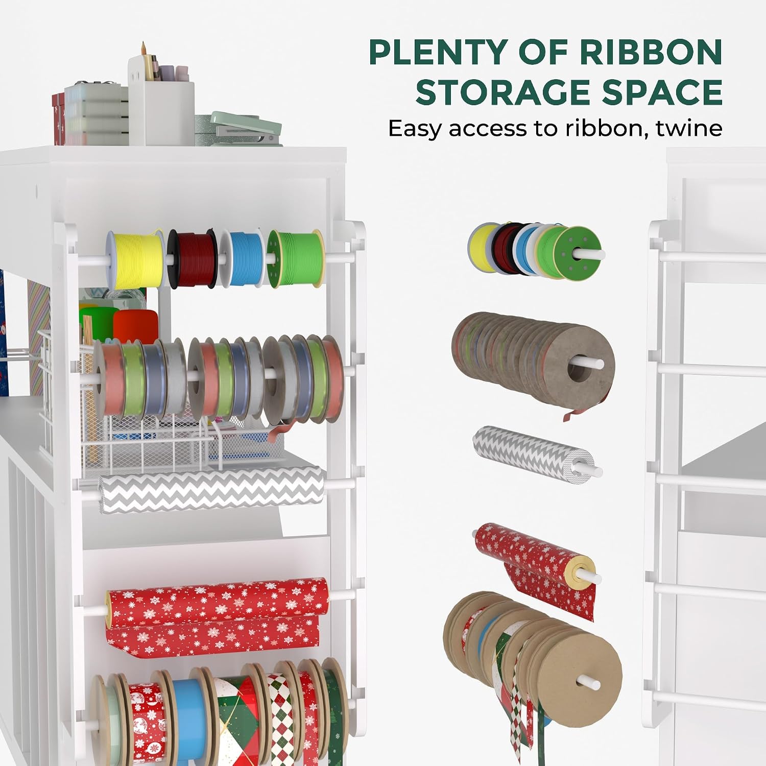 Wrapping Paper Storage & Organizer, Craft Cart with Ribbon & Gift Bag Storage, Wrapping Paper Organizer Holder(3 Wooden Drawers-White)