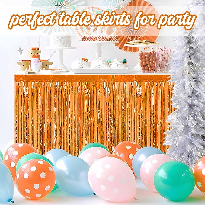 3 Pack Orange Foil Fringe Table Skirts Metallic Tinsel Streamers Garland Banner Backdrop for Table Decor, Parade Float, Birthday, Wedding, Halloween, Christmas Party Decorations(29x108 In)