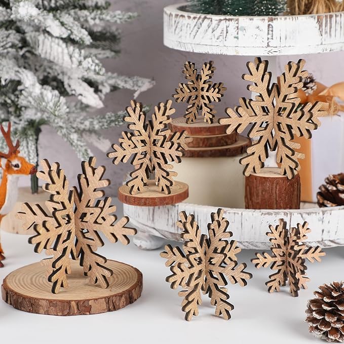 Bucherry 12 Pcs Wooden Snowflake Table Decor 3D Snowflake Tabletop Signs and Centerpiece for Christmas Winter Xmas Party Wonderland Decorations Home (Rustic Color)