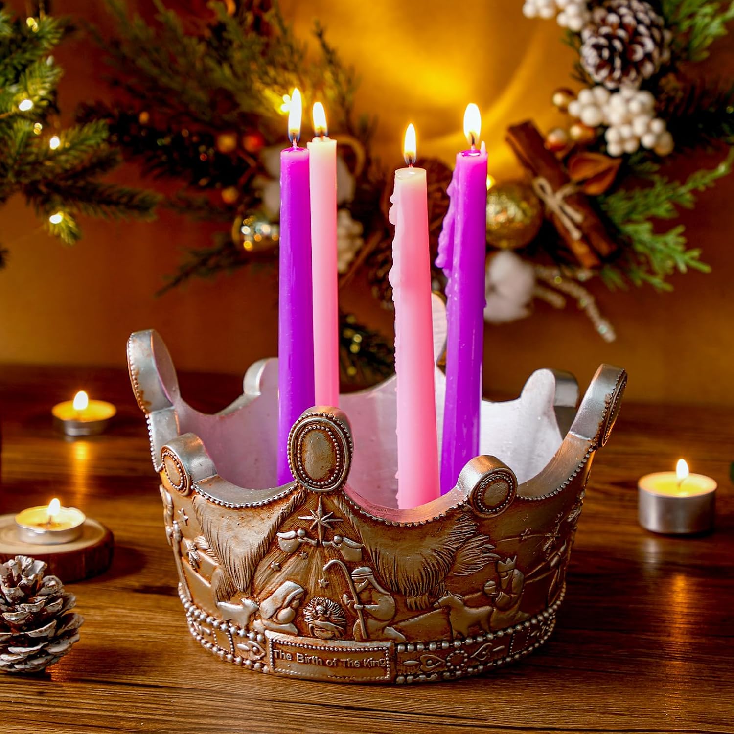 Nativity Advent Candle Holder 9.4 Inch Christmas Advent Wreath Candleholder Resin Nativity Advent 5 Candle Holder Centerpiece Christmas Holy Family Candlestick Christian Holders Xmas Supplies