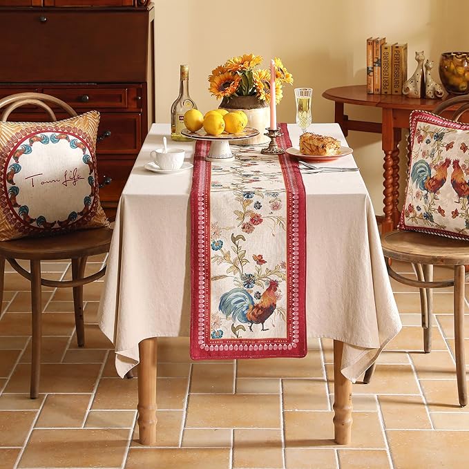 patdrea Designer Farmhouse Linen Extra Long Table Runner,Rustic Cottage Mauve with Rooster and Floral Pattern Fabric Table Mat,Decoration for Kitchen Dining Christmas New Year Banquet, 12"*118"