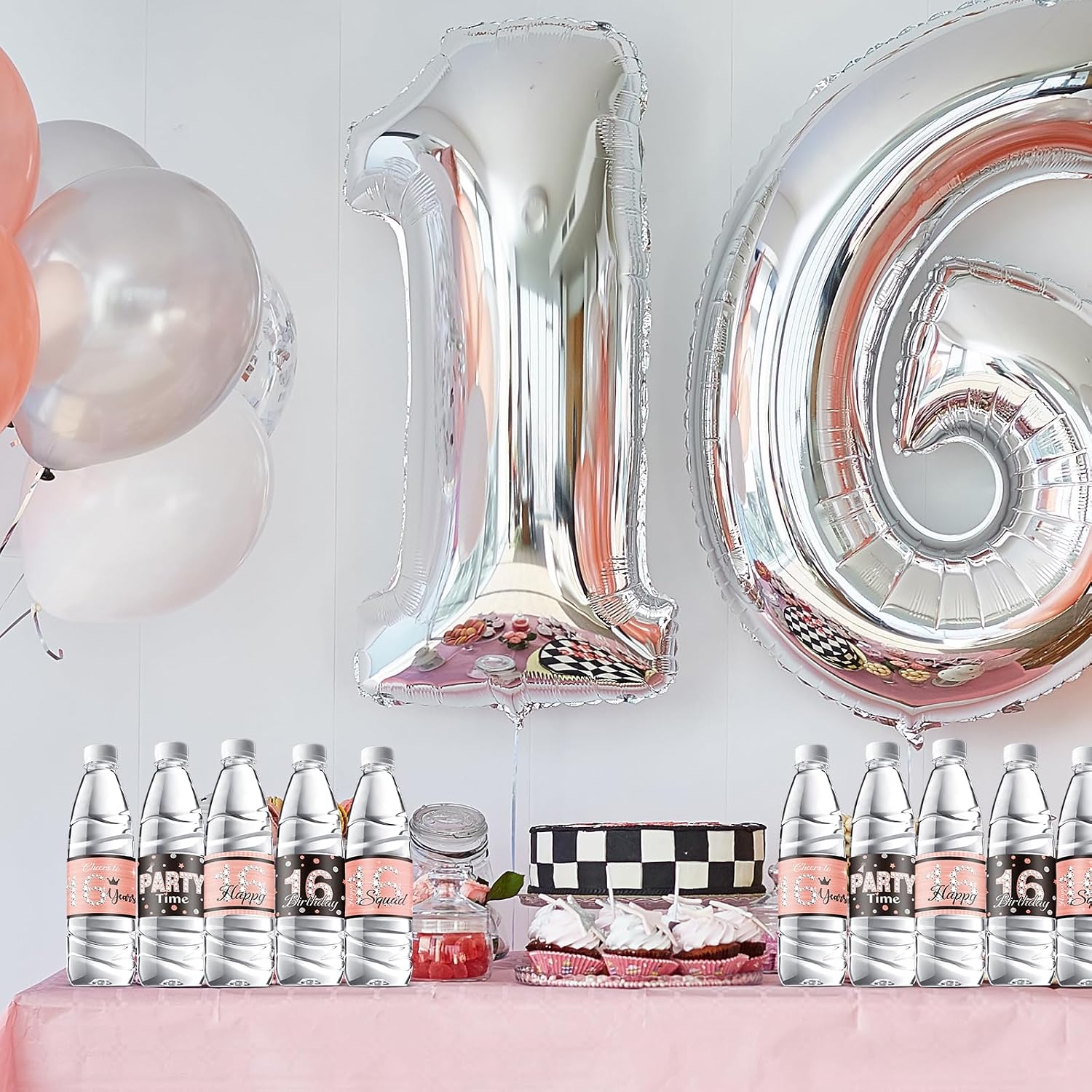 Zonon 39 Pieces Happy 16 Water Bottle Labels 16th Birthday Water Bottle Wrappers Happy Sixteen Waterproof Label Stickers for 16th Girls Birthday Party Decorations Guests Favors (Pink)
