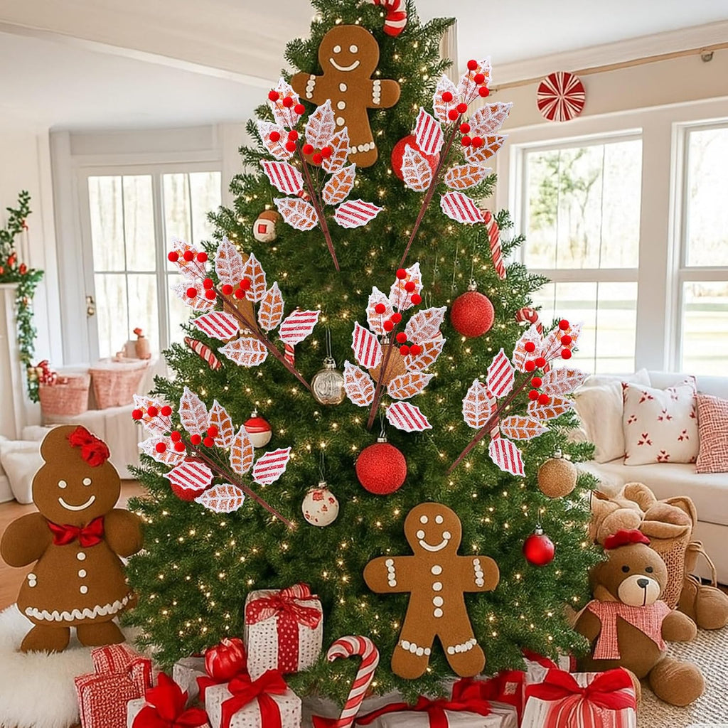 Sosation 6 Pcs 17 Inch Gingerbread Christmas Decorations Gingerbread Tree Topper Picks and Leaf Spray with Red Berries Brown Christmas Tree Picks with Snowflakes for Holiday Wreath Decor Topper Home
