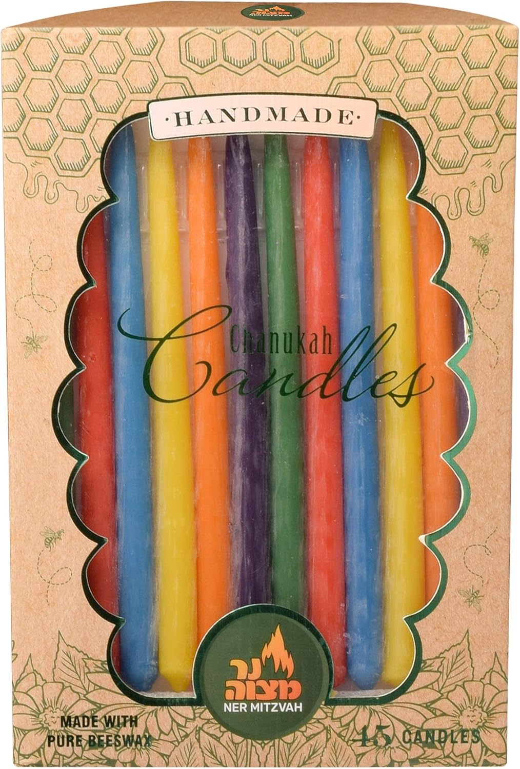 Ner Mitzvah Beeswax Chanukah Candles Most Menorahs - Beeswax Candles, Premium Quality Pure Bees Wax for All 8 Nights of Hanukkah - Standard Size Fits - Multicolored, 45 Count