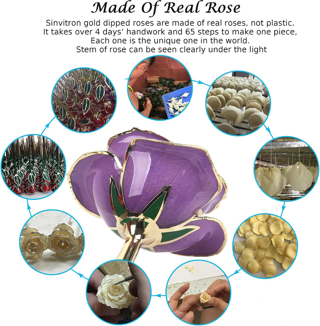 Sinvitron Gold Dipped Infinity Rose - Eternal Resin-Preserved Rose | Forever Flower Decor for Birthdays, Mother’s Day, Anniversaries | Unique Gift for Women, Mom, Wife (Lavender Purple)