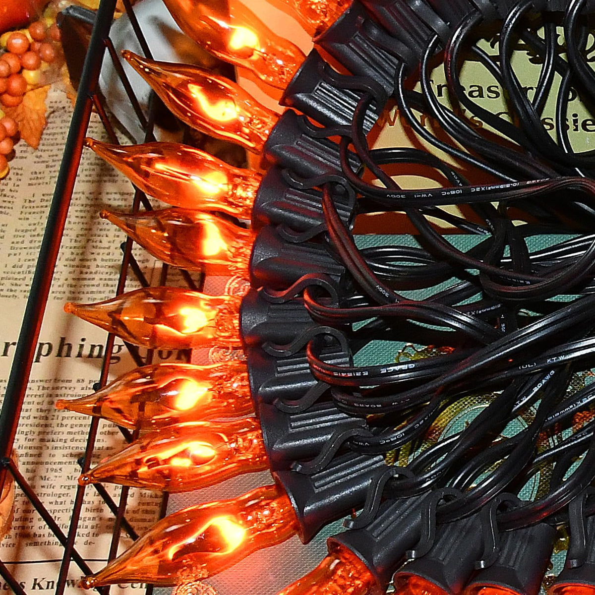 27.8Ft Orange Halloween Lights - Flickering Flame String Lights Orange Flicke...