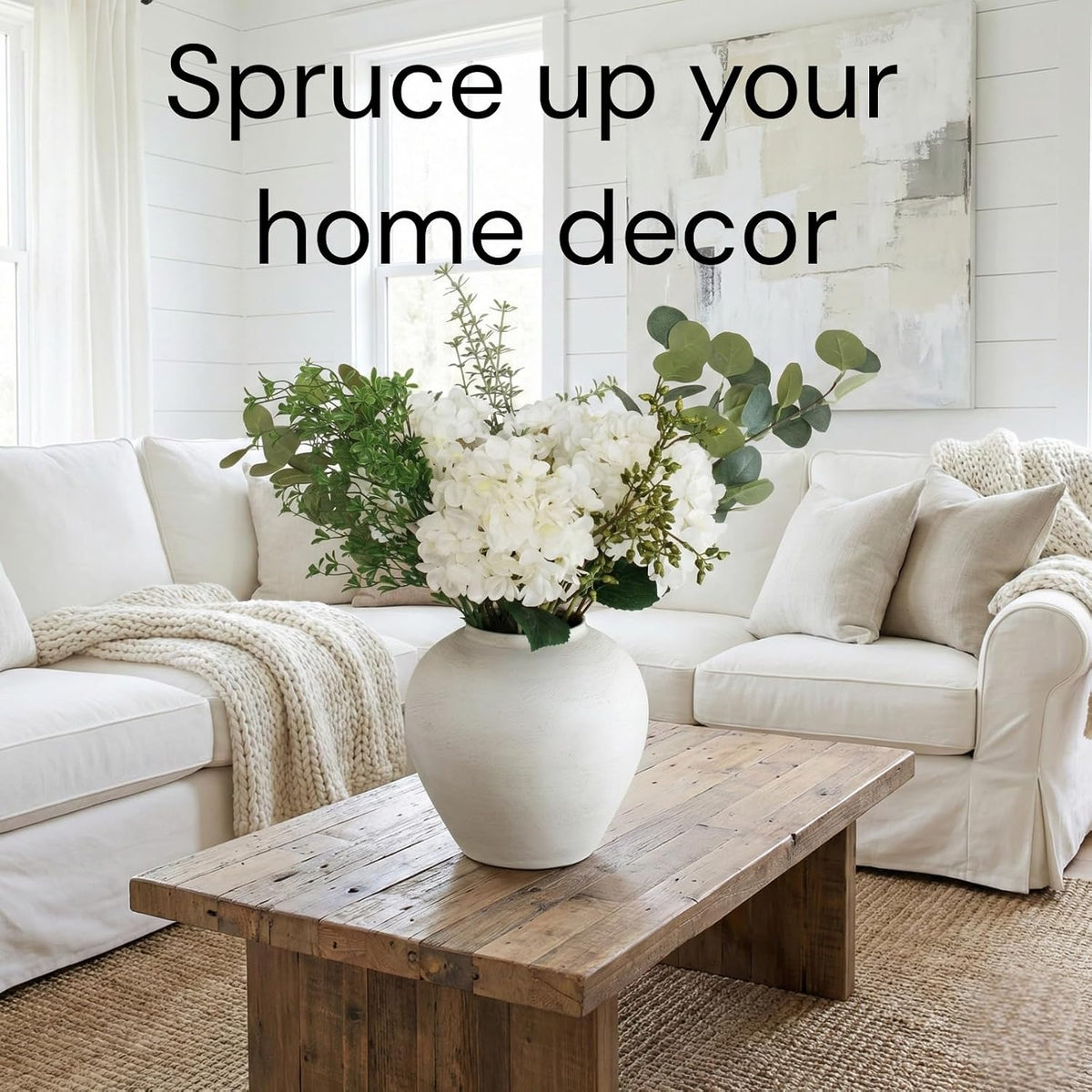 faux arrangement - eucalyptus & white hydrangea flowers showing dimensions