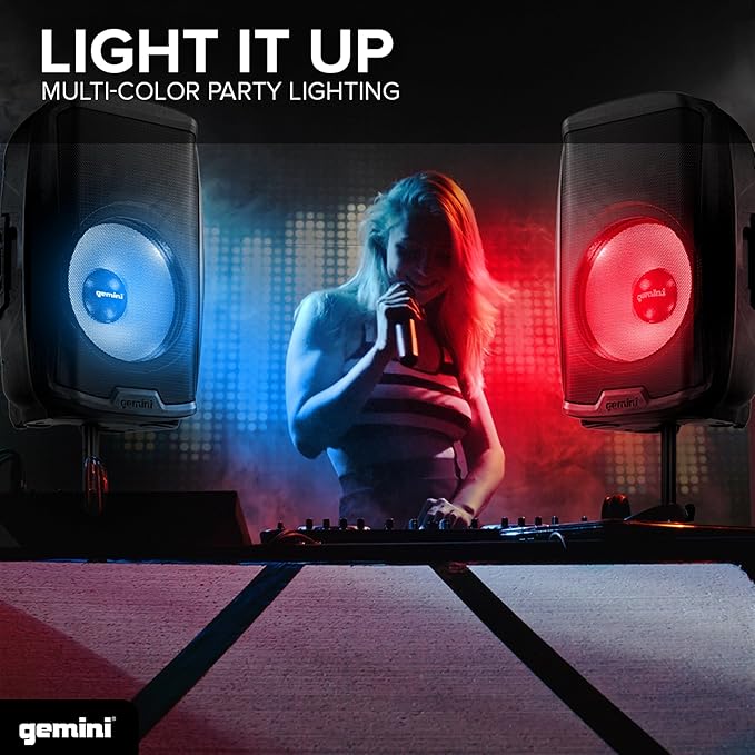Gemini Sound AS-2115BT-LT Active 2000W Watt Party LED Light 15 Inch Woofer Powered Stage DJ Monitor Bluetooth PA Speaker, Wireless Stereo Pairing, Portable Fly Points