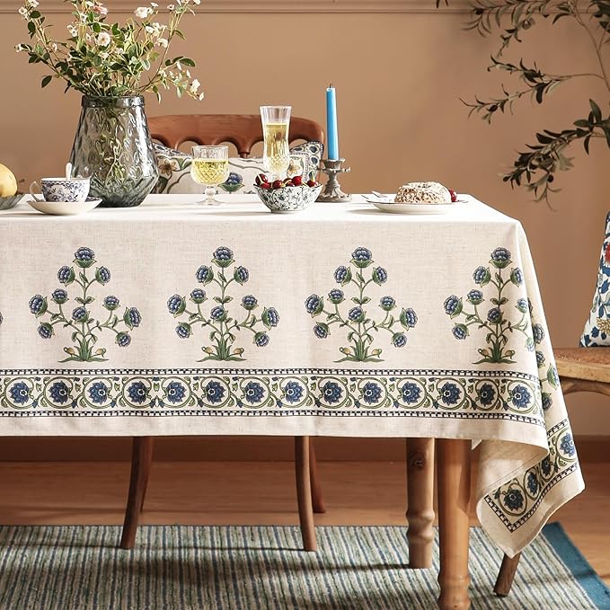 patdrea Designer Vintage Small Blue Rectangle Table Cloth,Linen Leaves Pattern Floral Tablecloth,Farmhouse Fall Table Cover for Kitchen Dining Christmas,Tea Party,Thanksgiving,55"x71"-Ivar B